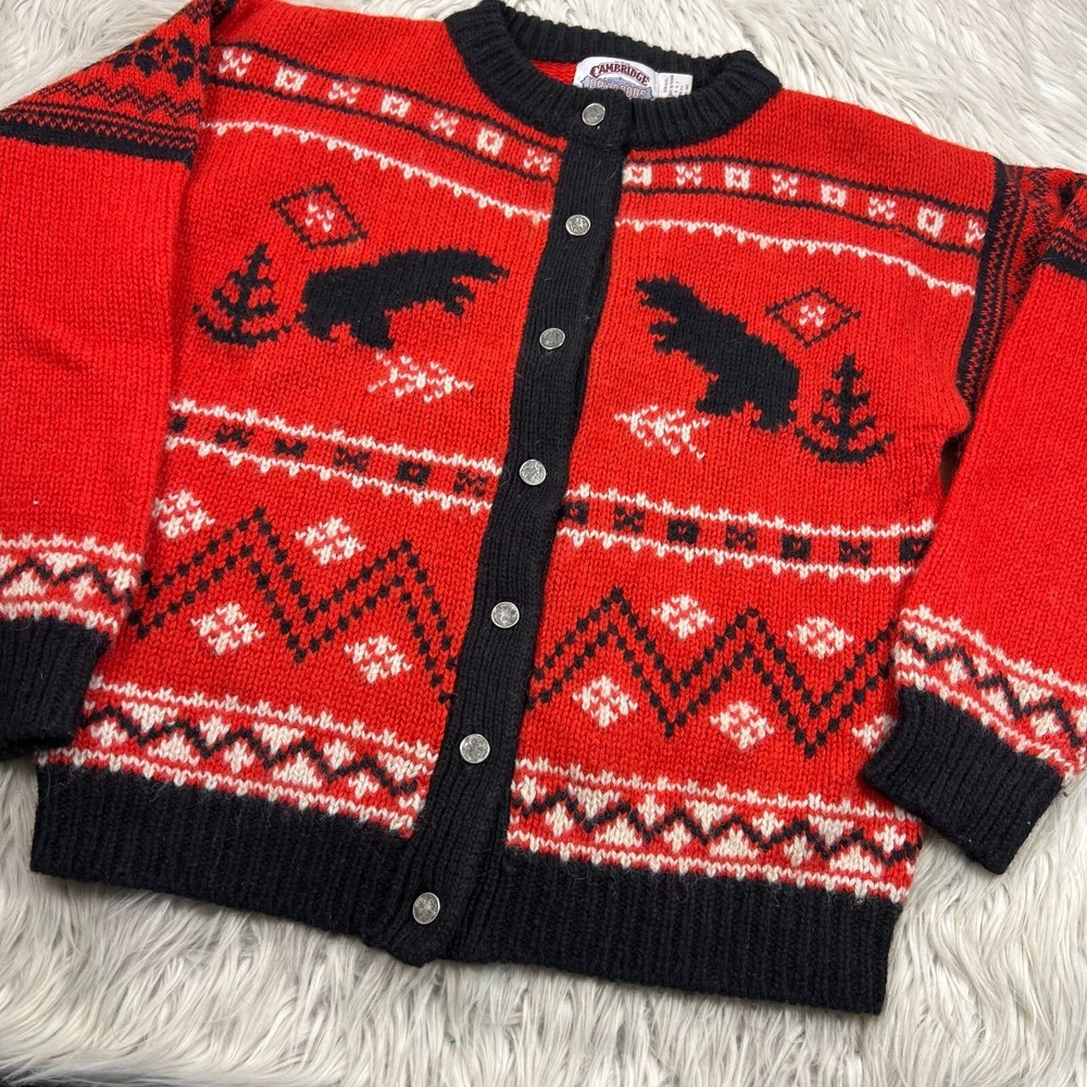 Vintage Cambridge Dry Goods Women's M Fair Isle Bear Button Cardigan Wool Red - Picture 2 of 6
